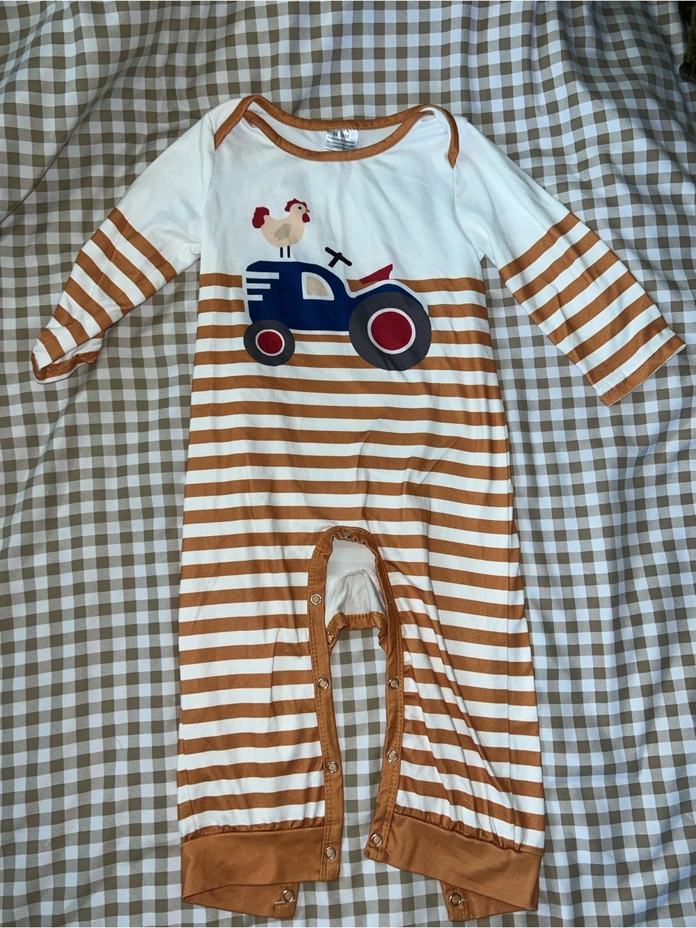 Striped Rust & White Baby Footie with Navy Tractor Appliqué